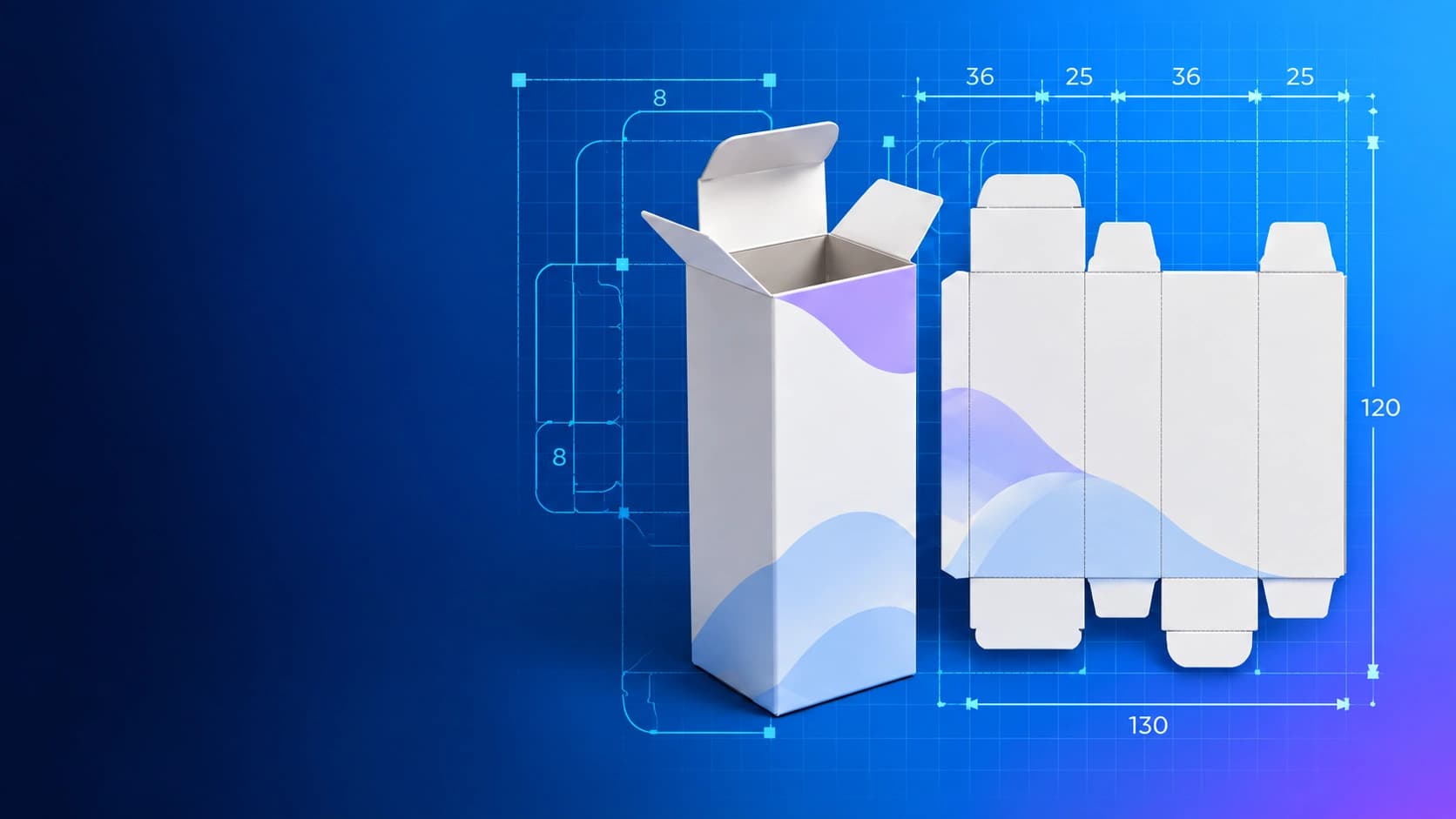 Anteprima del configuratore 3D HelloPack con astuccio aperto, alette esterne e fustella a quattro pannelli