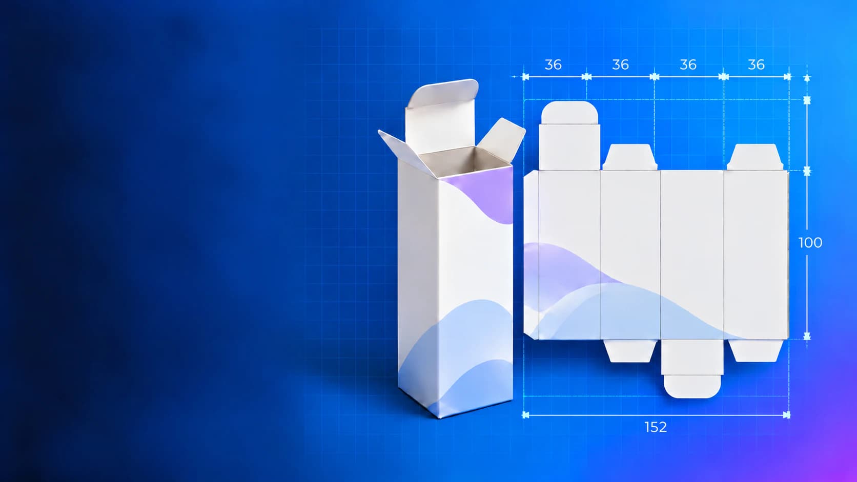 Anteprima del configuratore 3D HelloPack con astuccio aperto, alette esterne e fustella a quattro pannelli