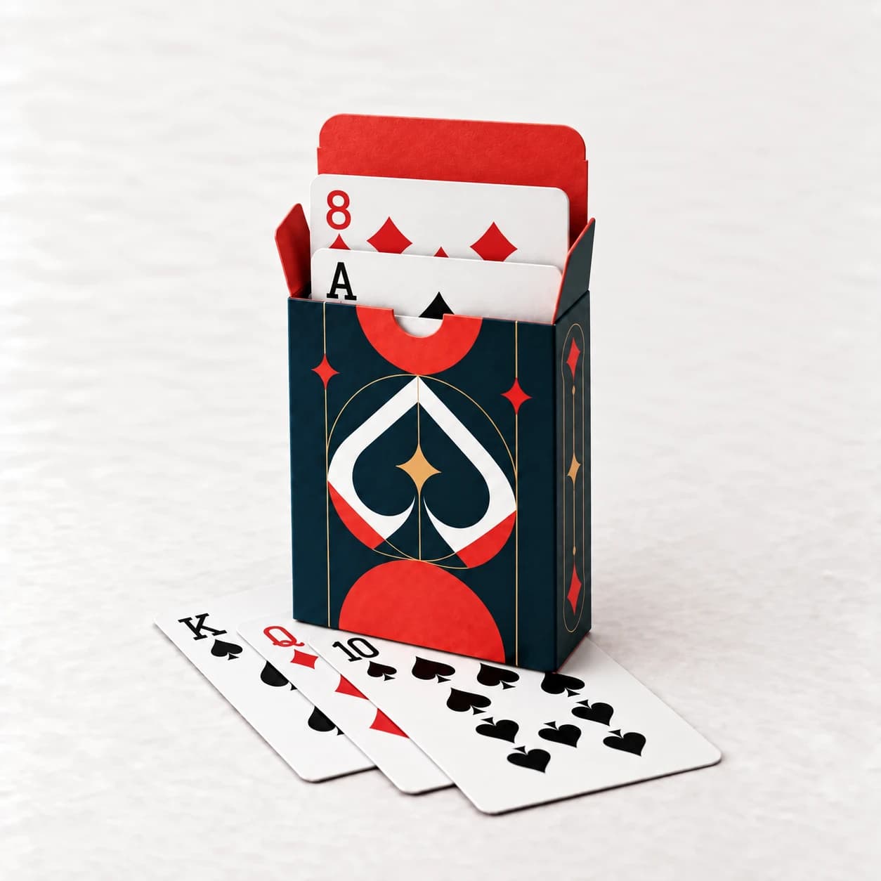 Offene blaue und rote Faltschachtel mit einem Spielkartenset
