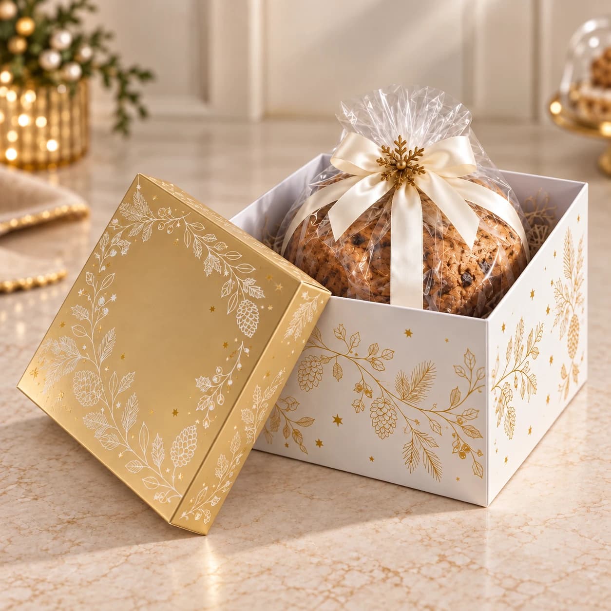 Panettone nel sacchetto trasparente con fiocco, dentro una scatola bianca e oro