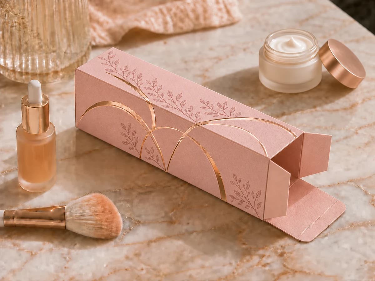 Astuccio cosmetico soft touch con lamina oro rosa e motivi botanici stampati