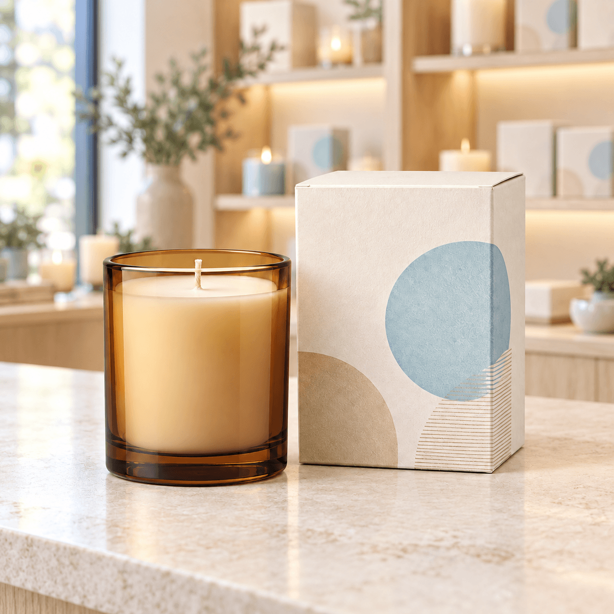 Vela aromática de vidrio ámbar junto a su caja de cartón personalizada a juego