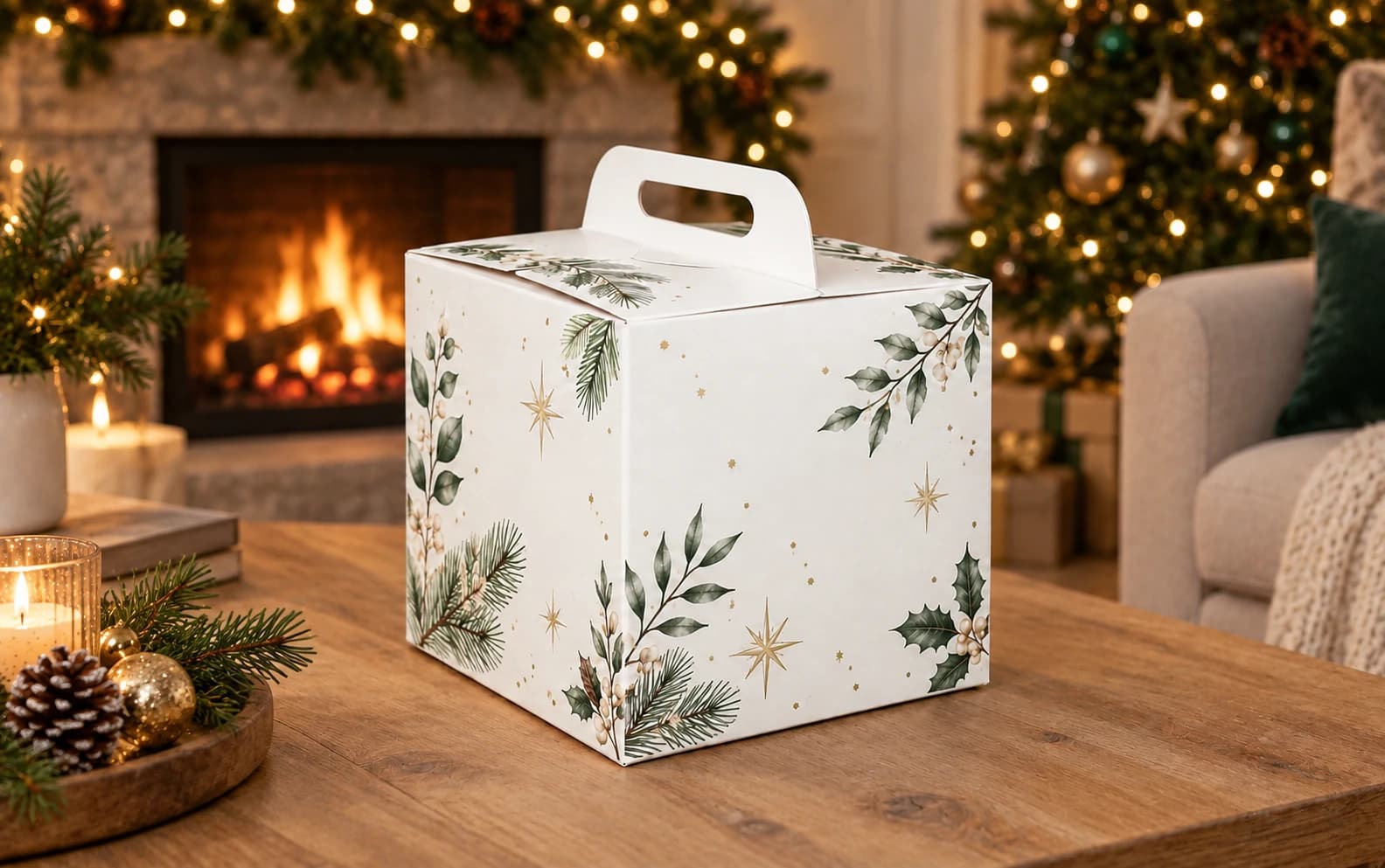 Caja para panettone con asa integrada sobre una mesa en un salón decorado para Navidad con la chimenea encendida