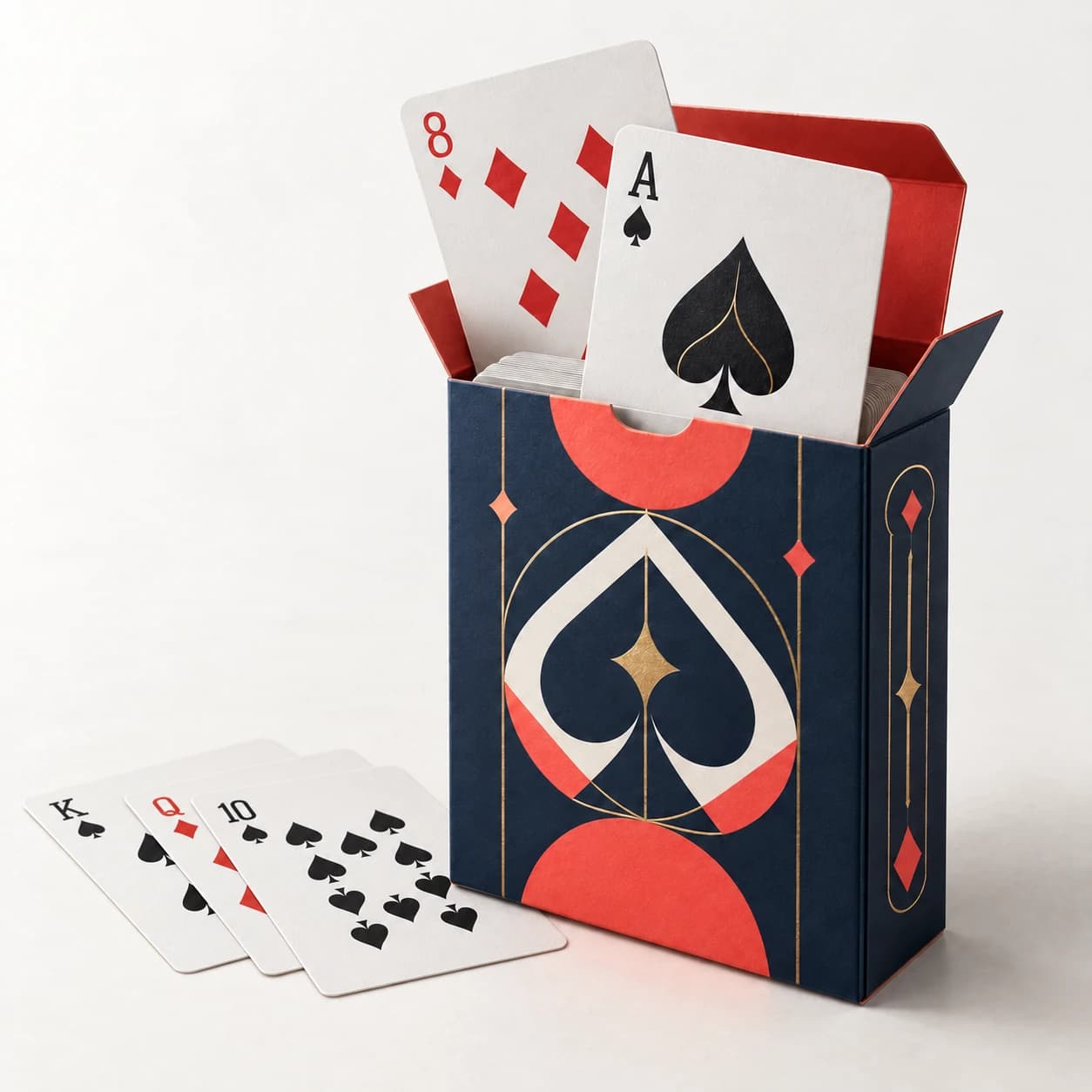 Offene blaue und rote Faltschachtel mit einem Spielkartenset