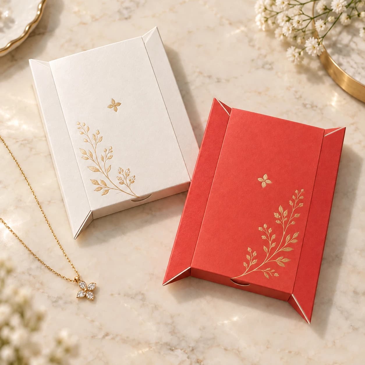 White and red SC70004 pillow boxes with thumb notches and gold decoration beside a necklace