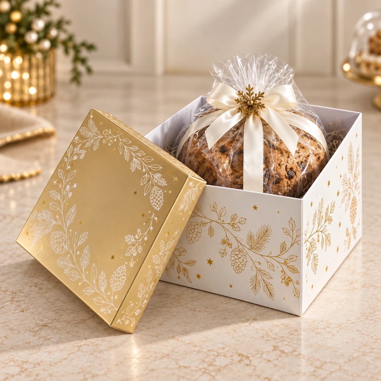 Panettone en una bolsa transparente con lazo, dentro de una caja blanca y dorada