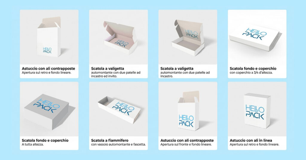 vista dall'alto di un'ampia varietà di fustelle e modelli di scatole personalizzate del catalogo HelloPack