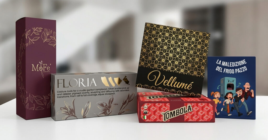 esempi reali di scatole personalizzate HelloPack per food brand artigianali, cosmetica clean beauty e e-commerce DTC