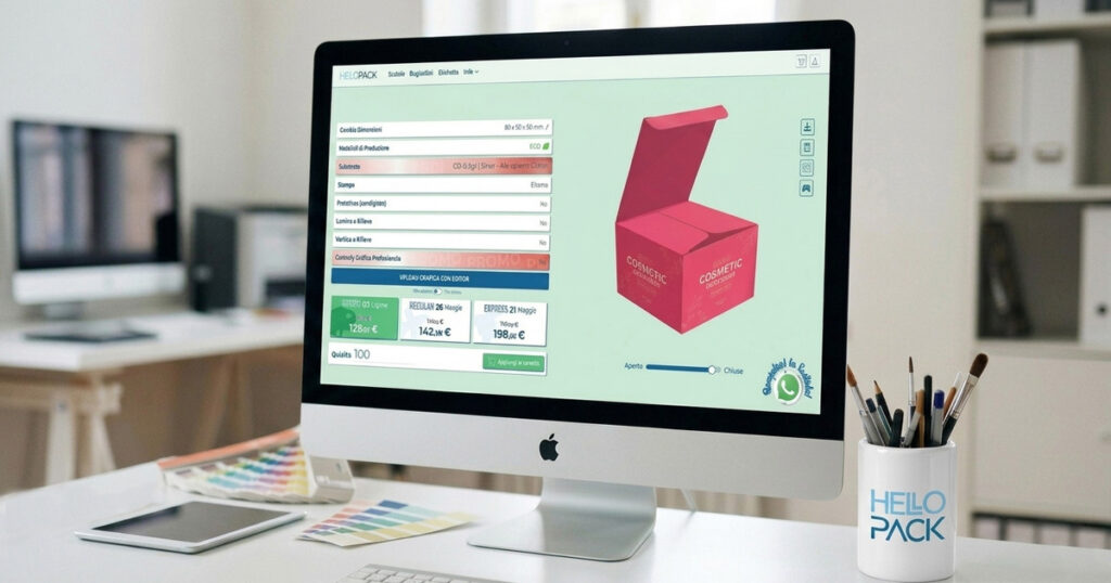 schermata del configuratore HelloPack con mockup 3D di scatola personalizzata navigabile online