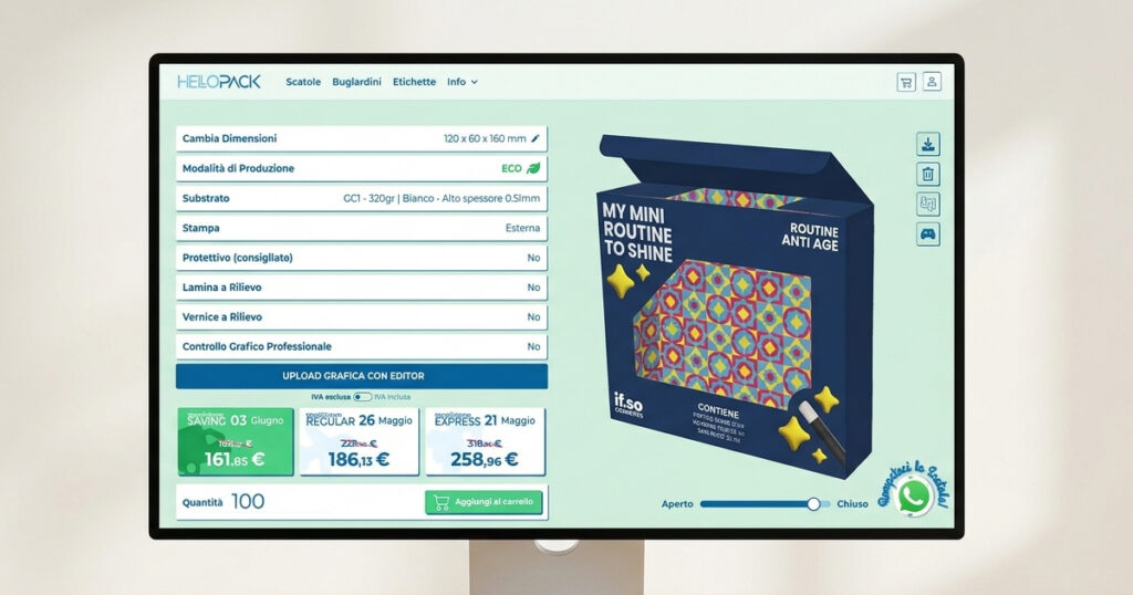 anteprima mockup 3D di una scatola personalizzata navigabile a 360 gradi nel configuratore online HelloPack