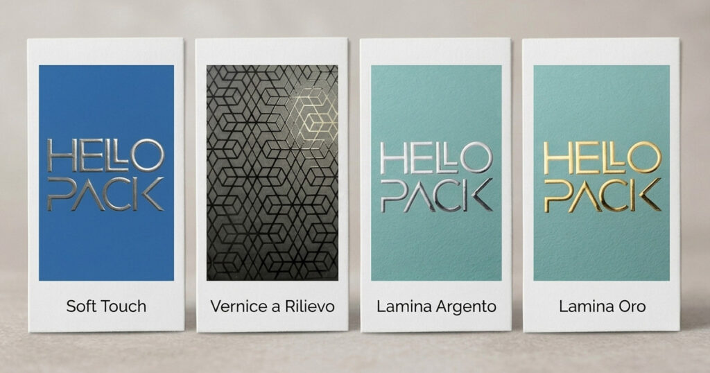 comparazione visiva tra nobilitazioni di stampa per scatole personalizzate: vernice 3D, hot foil oro, finitura soft touch