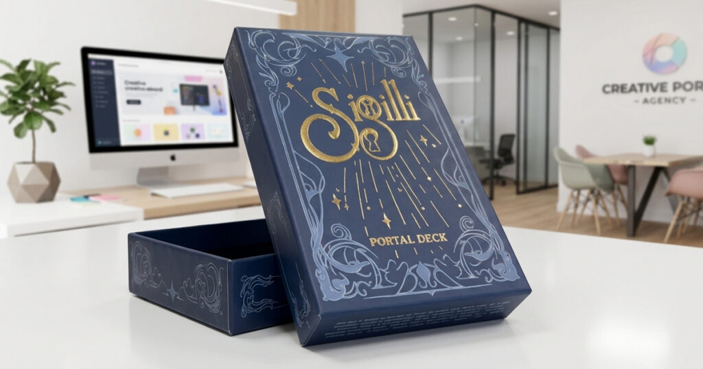 dettaglio macro di vernice 3D selettiva e hot foil oro applicate su packaging in cartoncino premium