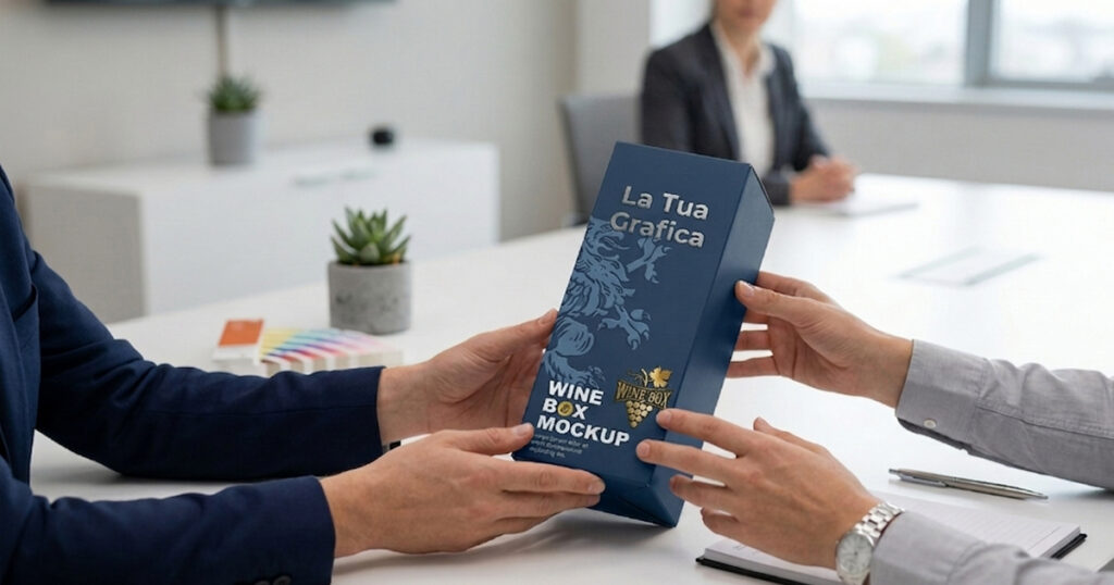 art director presenta un prototipo di packaging al cliente in agenzia