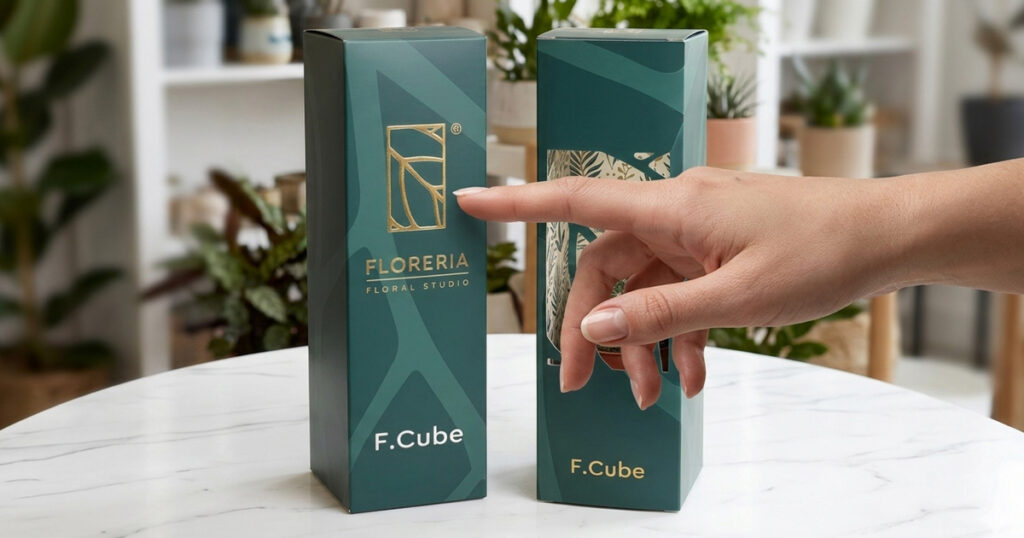 mani che esaminano la finitura tattile soft touch di una scatola in cartoncino premium