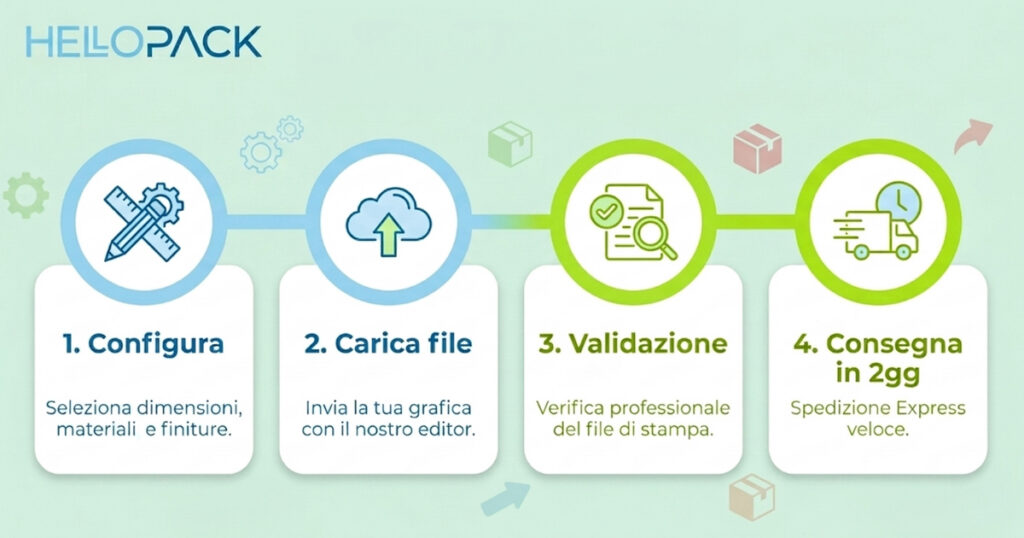 infografica visiva sui tempi di consegna del packaging personalizzato HelloPack: 2 giorni lavorativi per i formati a catalogo