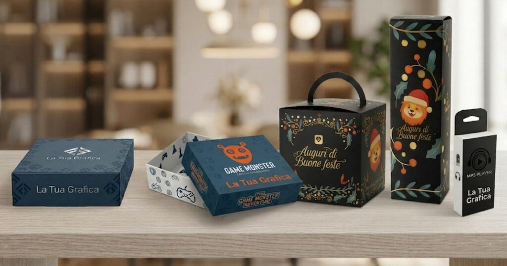 quattro famiglie di packaging in cartoncino disposte in sequenza: astucci pieghevoli, scatole rigide, cofanetti, packaging alimentare