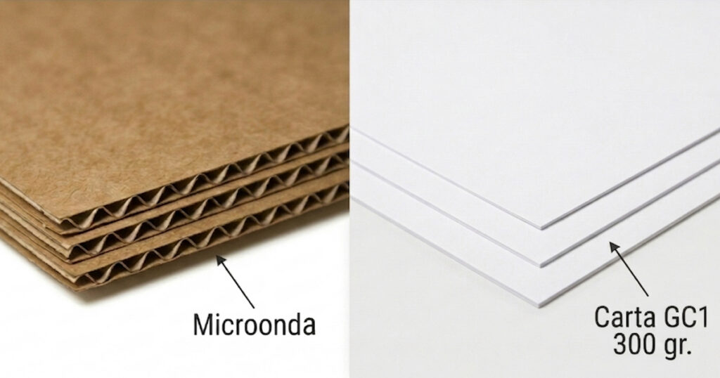 sezione trasversale di tre materiali per packaging: cartoncino monopatinato, accoppiato premium, cartone microonda