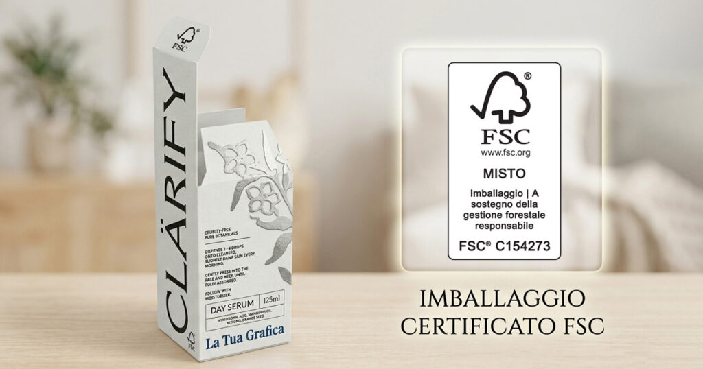 packaging in cartoncino certificato FSC con logo di certificazione visibile, posato accanto a foglie naturali