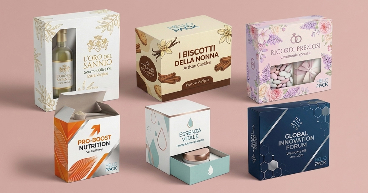 Sei tipologie di packaging HelloPack per settori diversi: food, beauty, bomboniere, integratori, eventi, gourmet. 