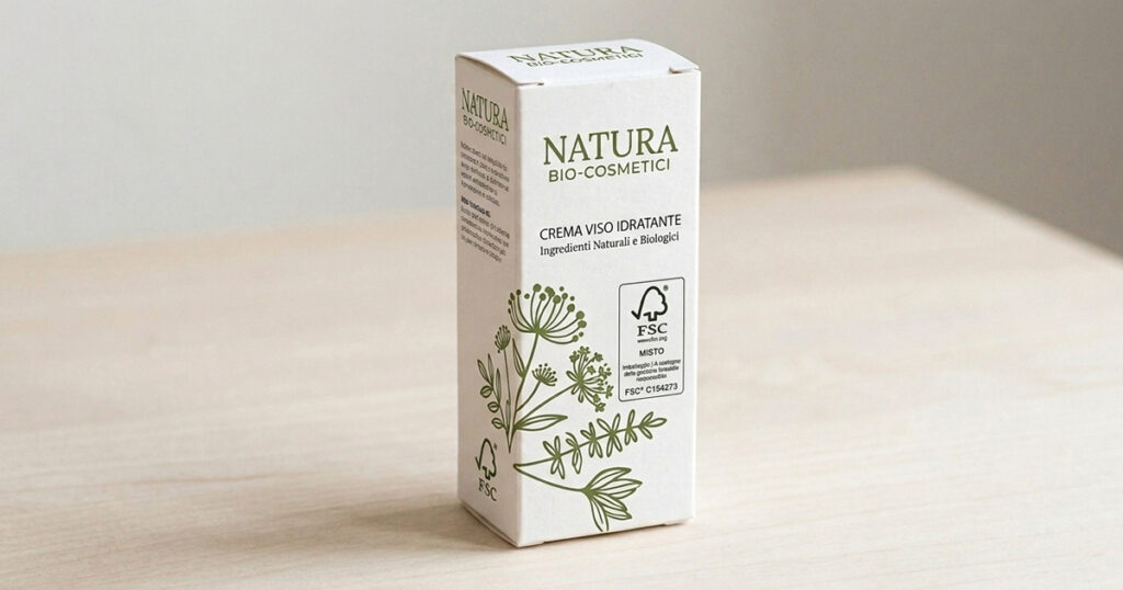 Astuccio cosmetico in cartoncino certificato FSC con etichetta visibile