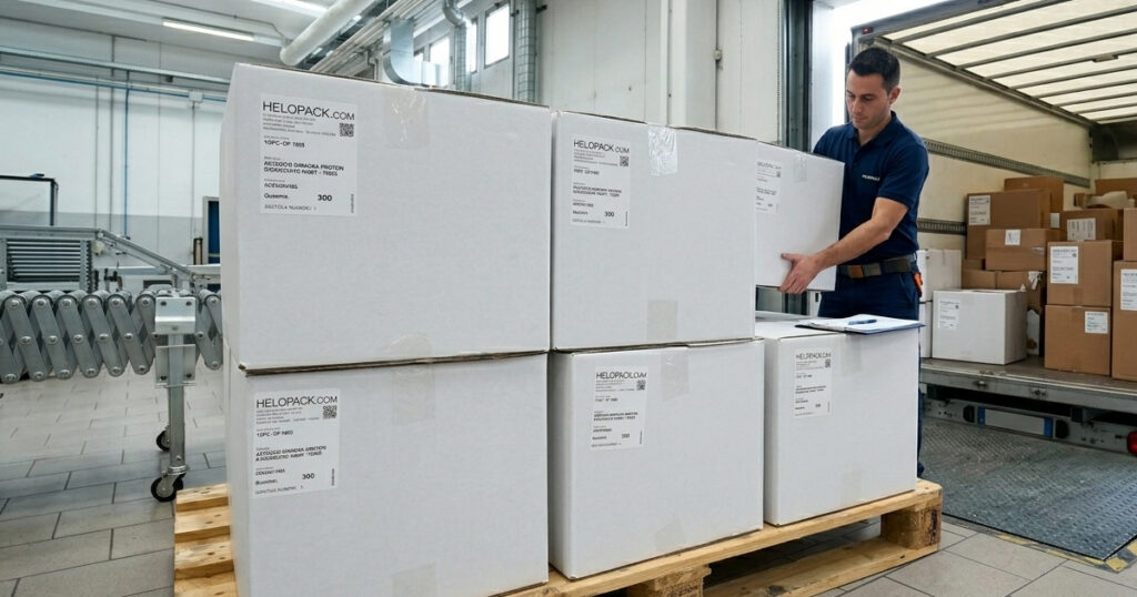 Scatola personalizzata HelloPack pronta per la spedizione, confezionata e in partenza per la consegna