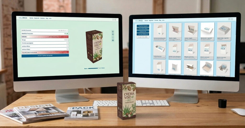 Editor 3D HelloPack con l'anteprima di un astuccio skincare personalizzato e il prototipo stampato