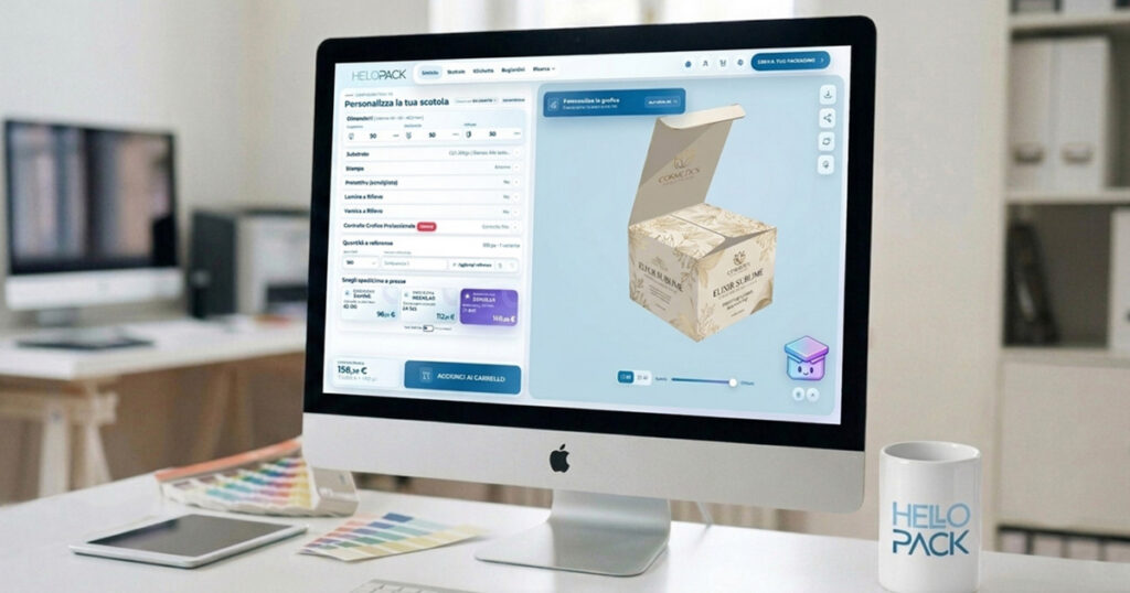 Editor 3D HelloPack con l'anteprima di un astuccio skincare personalizzato e il prototipo stampato