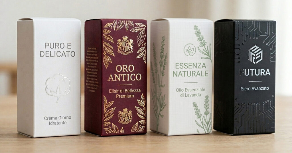 Quattro astucci cosmetici con finiture diverse che comunicano purezza, lusso, naturalità e tecnologia