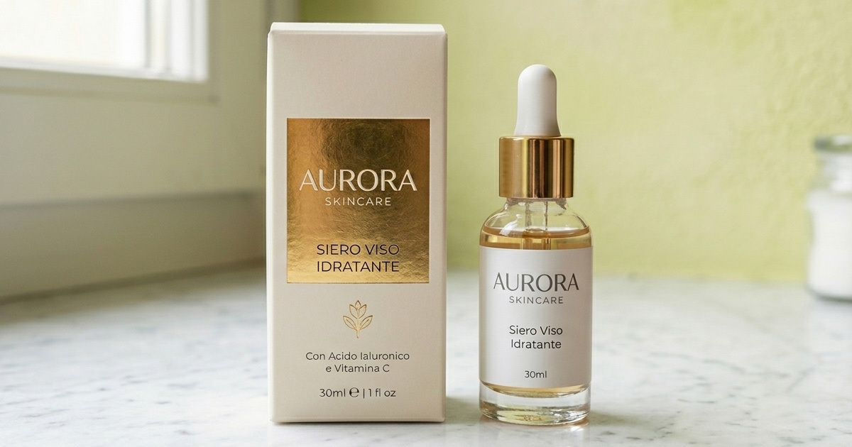 Astuccio per skincare in cartoncino soft touch con logo in foil oro accanto a un flacone di siero