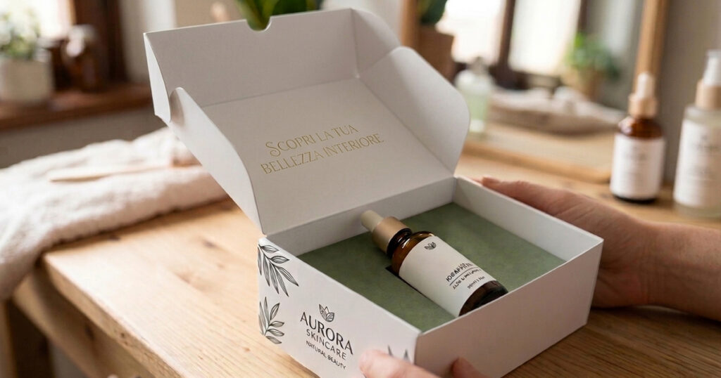 Astuccio per skincare con stampa interna colorata e messaggio visibile all'apertura