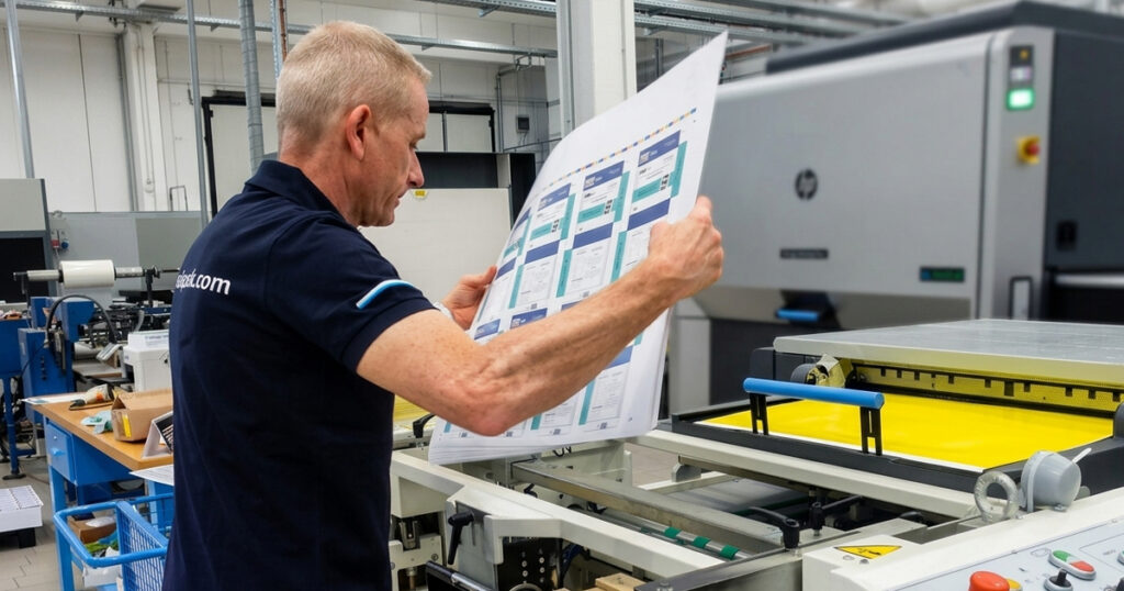 Macchina di stampa digitale HelloPack mentre stampa un foglio di cartoncino personalizzato