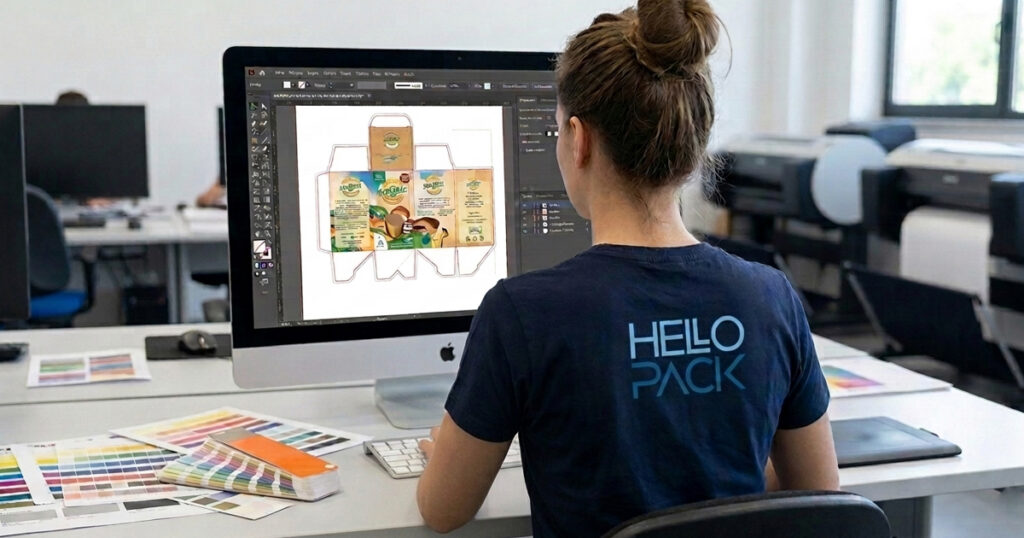 Operatore del reparto prestampa HelloPack verifica un file di stampa con tracciato fustella su schermo