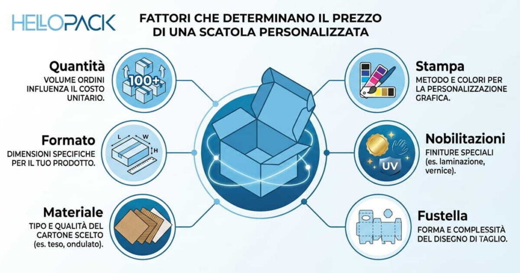 Infografica dei sei fattori che determinano il prezzo di una scatola personalizzata: quantità, formato, materiale, stampa, nobilitazioni e fustella