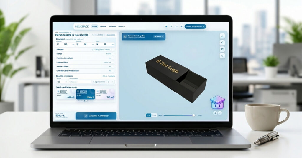 Editor 3D HelloPack con l'anteprima di una scatola e il preventivo immediato visibile