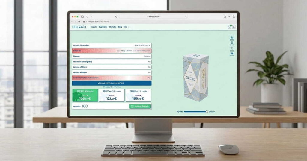 Editor 3D HelloPack con l'anteprima di una scatola e il preventivo immediato visibile
