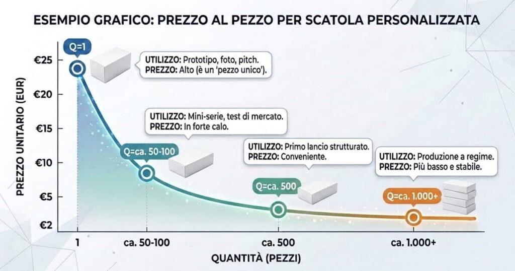 Grafico che mostra come il prezzo al pezzo di una scatola personalizzata diminuisce all'aumentare della quantità