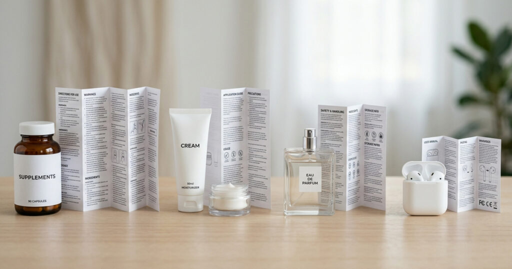 Bugiardini piegati accanto a prodotti di quattro settori: integratori, cosmetica, profumeria ed elettronica 