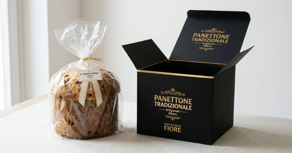 Panettone nel sacchetto primario accanto alla scatola secondaria in cartoncino