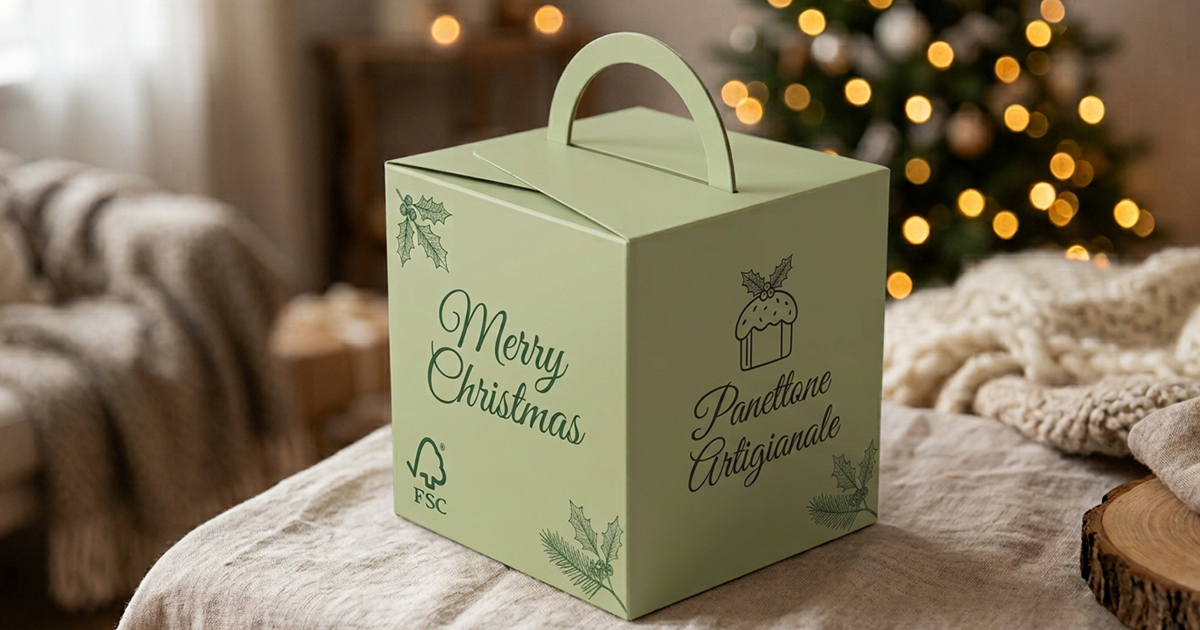 Scatola per panettone personalizzata in cartoncino con logo e grafica natalizia