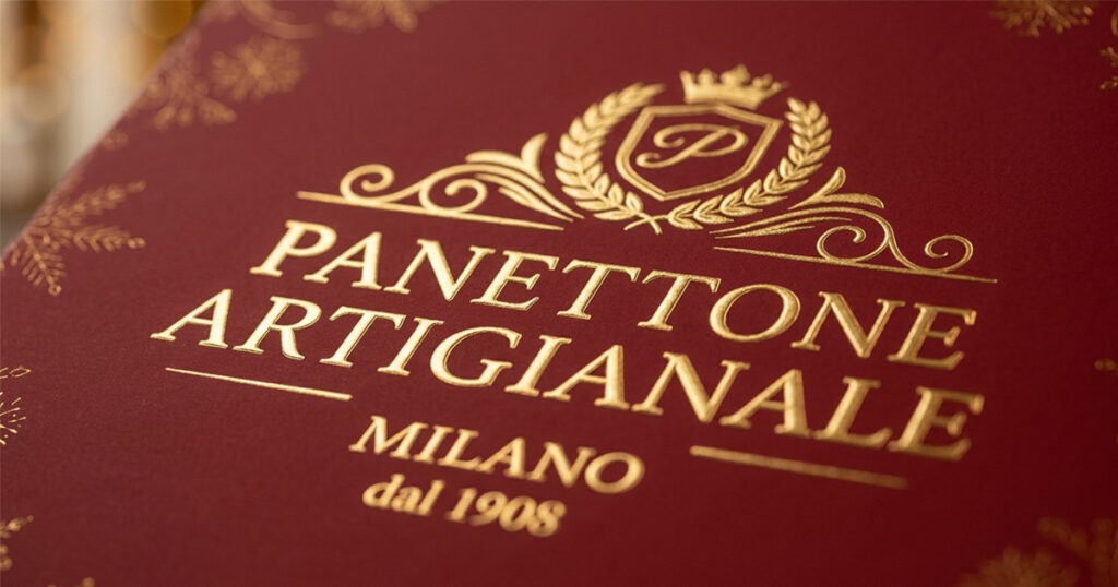 Dettaglio di lamina oro e rilievo su una scatola per panettone