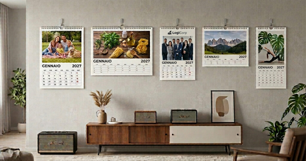 Calendario personalizzato da parete HelloPack appeso in un ambiente domestico