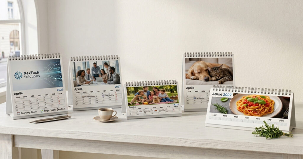 Calendario personalizzato da tavolo HelloPack su una scrivania aziendale